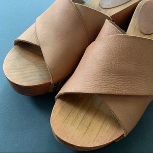 Free People Natural Wood and Leather Clog Slides
